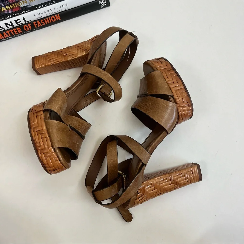 Tory Burch Heels Cella Cognac Leather Strappy Platforms Sandal